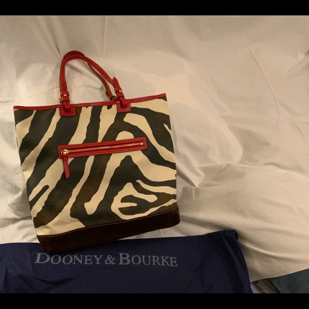 Booney & Bourke Zebra printed tote in red and brown.